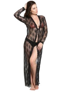 N-Gal Women's Polyester Open Front Long Sleeves Floral Full Length Night Robe with G-String_Black