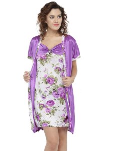N-Gal Women's Satin Floral Pattern Short Nighty Robe Nightwear_Purple