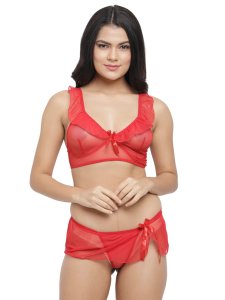 N-Gal Women's Erotic Lace Ruffle Neck Bra Short Side Slit Skirt Attached with G-String Lingerie Set_Red
