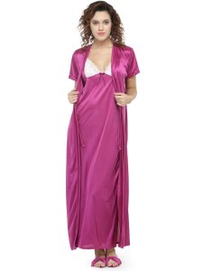 N-Gal Women's Satin Lace Solid 8 Pcs Bridal Nighty Nightwear Set_Magenta
