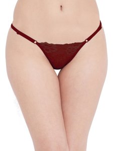 N-Gal Women's Sheer Lace Cut Out Adjustable Waist Band G-String Thong Panty_Maroon