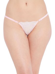 N-Gal Women's Sheer Lace Cut Out Adjustable Waist Band G-String Thong Panty_Pink