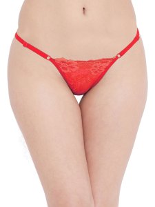 N-Gal Women's Sheer Lace Cut Out Adjustable Waist Band G-String Thong Panty_Red