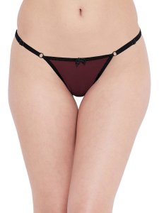 N-Gal Women's Sheer Lace Cut Out Adjustable Waist Band G-String Thong Panty_Maroon