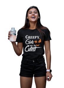 Creepy girls, Halloween text illustration graphic - Printed Tees for Women's -designed for Halloween