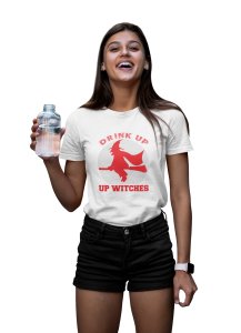 Drink up witches, flying witch Halloween- Printed Tees for Women's -designed for Halloween