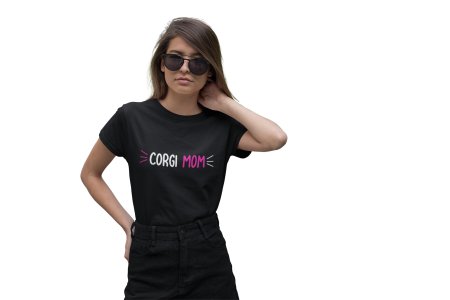 Corgi Mom-printed family themed cotton blended half-sleeve t-shirts made for women (black)