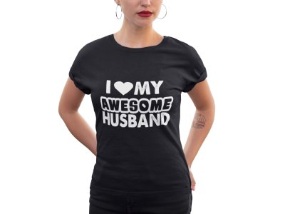 Husband-printed family themed cotton blended half-sleeve t-shirts made for women (black)