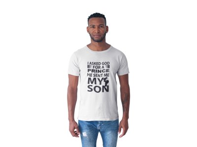My son -printed family themed cotton blended half-sleeve t-shirts made for men (white)