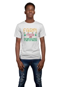 Farm fresh pumpkins (BG Yellow, Red ,Green ) White T) - Spookily Awesome Halloween Tshirts