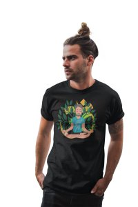 A Young Man - Cartoon - Sitting In Front Of Om Symbol, (BG Green And Yellow), Round Neck Tshirt - Clothes for Yoga Lovers - Suitable For Regular Yoga Going People - Foremost Gifting Material for Your Friends and Close Ones