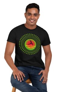 International Yoga Day, A Girl Doing Yoga - Green leaves Chain Circle Surrounded Over It, Round Neck Tshirt - Clothes for Yoga Lovers - Suitable For Regular Yoga Going People - Foremost Gifting Material for Your Friends and Close Ones