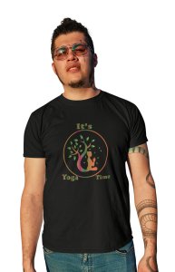 Lady's Shadow Facing Left With a Tree, (BG Green, Yellow and Pink) Round Neck Tshirt - Clothes for Yoga Lovers - Suitable For Regular Yoga Going People - Foremost Gifting Material for Your Friends and Close Ones