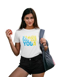 Peace, Love And Yoga Text In Blue And Yellow-White-Clothes for Yoga Lovers - Suitable For Regular Yoga Going People - Foremost Gifting Material for Your Friends