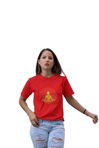 Lady Doing Yoga (BG Yellow)-Red-Clothes for Yoga Lovers- Red - Suitable For Regular Yoga Going People - Foremost Gifting Material for Your Friends