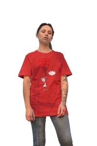 Girl Holding Love Balloons Red -Printed T-Shirts