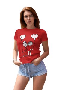 Couple Holding Heart Balloons(BG White) Red- Printed T-Shirts