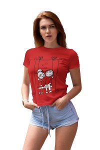 Cute Couple Holding Hands On A Swing for Women Red -Printed T-Shirts