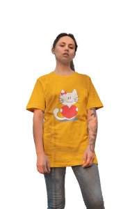 Cute Kitty Yellow Printed T-Shirts