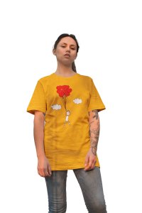 Girl Holding Love Balloons Yellow Printed T-Shirts
