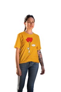 Girl Holding Love Balloons(BG Red) Yellow Printed T-Shirts