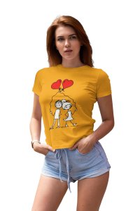 Couple Holding Heart Balloons (BG Red )Printed Yellow T-Shirts
