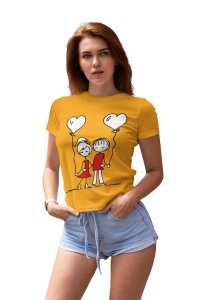 Couple Holding Heart Balloons Printed Yellow T-Shirts