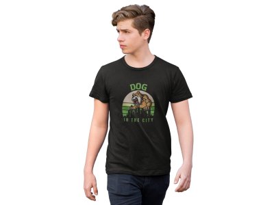 Dog in the city - printed stylish Black cotton tshirt- tshirts for men