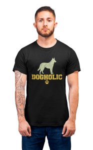 Dogholic Yellow Text - printed stylish Black cotton tshirt- tshirts for men