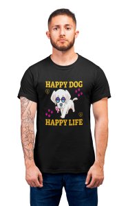 Happy dog happy life - printed stylish Black cotton tshirt- tshirts for men