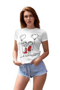 Couple Holding Heart Balloons White -Printed T-Shirts
