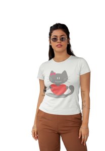 Heart Gifting Cat White-Printed T-Shirts