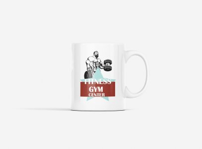 Fitness Gym Center, (BG White and Brown) - gym themed printed ceramic white coffee and tea mugs/ cups for gym lovers