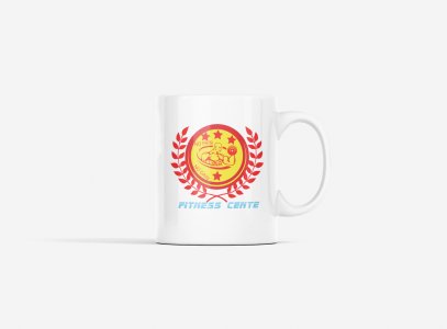 Fitness Center, Red Leaves Outside The Circle - gym themed printed ceramic white coffee and tea mugs/ cups for gym lovers