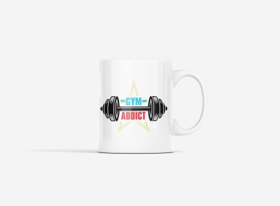 Gym Addict, (BG White, Red and Yellow), Barbell In Middle - gym themed printed ceramic white coffee and tea mugs/ cups for gym lovers
