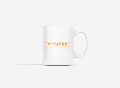 Fitness, (BG Orange) - gym themed printed ceramic white coffee and tea mugs/ cups for gym lovers