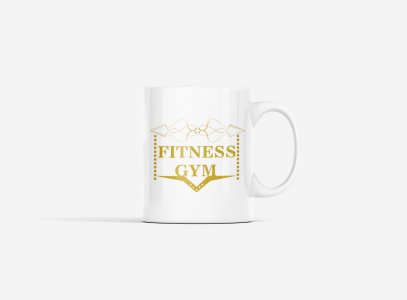 Fitness Gym, (BG Golden) - gym themed printed ceramic white coffee and tea mugs/ cups for gym lovers