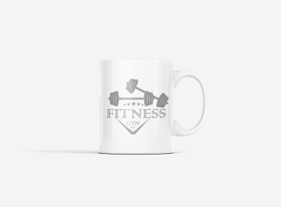 Fitness Gym, 2 Dumbles - gym themed printed ceramic white coffee and tea mugs/ cups for gym lovers