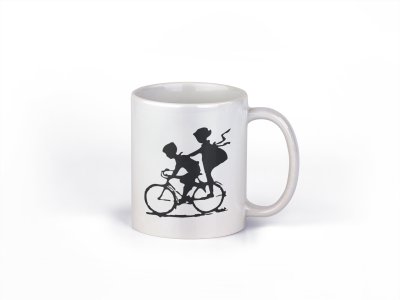 Boy and girl cycling together - family themed printed ceramic white coffee and tea mugs/ cups