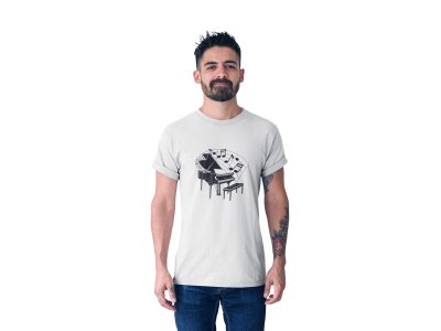 Piano with Musical Slanted beamed- White - Men's - printed T-shirt - comfortable round neck Cotton