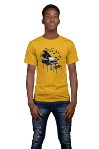 Piano with Musical Slanted beamed-Yellow - Men's - printed T-shirt - comfortable round neck Cotton