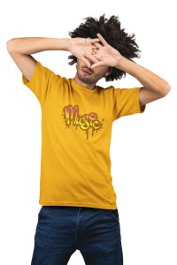 Music (yellow text )-Yellow - Men's - printed T-shirt - comfortable round neck Cotton