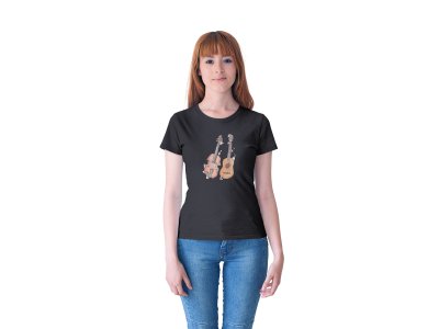 Guitar and violin- Black - Women's - printed T-shirt - comfortable round neck Cotton