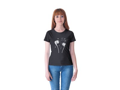 Earphones with Music Notes -Black - Women's - printed T-shirt - comfortable round neck Cotton