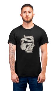Headphones And music Notes-Black- Men's - printed T-shirt - comfortable round neck Cotton