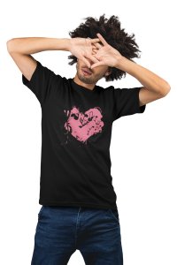 Red Heart Surrounded By Musical notes-Black- Men's - printed T-shirt - comfortable round neck Cotton