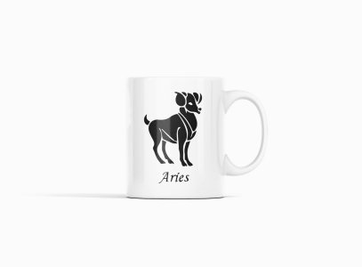 Aries symbol (BG Black)- zodiac themed printed ceramic white coffee and tea mugs/ cups for astrology lovers