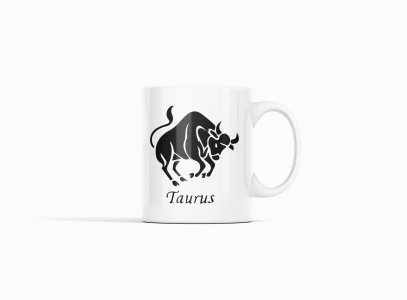 Taurus symbol (BG Black)- zodiac themed printed ceramic white coffee and tea mugs/ cups for astrology lovers