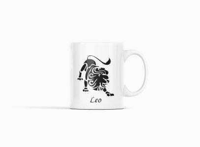 Leo symbol (BG Black)- zodiac themed printed ceramic white coffee and tea mugs/ cups for astrology lovers