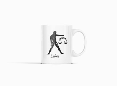 Libra symbol (BG Black)- zodiac themed printed ceramic white coffee and tea mugs/ cups for astrology lovers